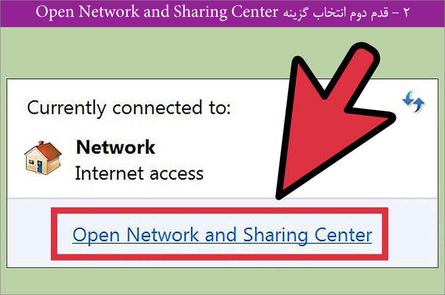 قدم دوم انتخاب گزینه Open Network and Sharing Center